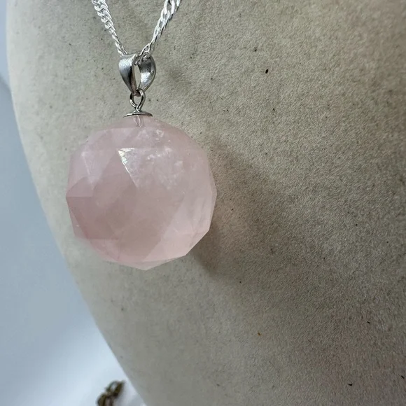 SOLD Rose Quartz 3D Round Pendant on Sterling Silver Chain - Picture 5 of 13
